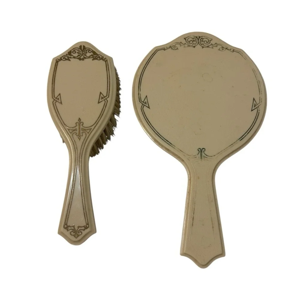 Vintage Beveled Vanity Mirror Hair Brush Set Ivory Art Deco Style